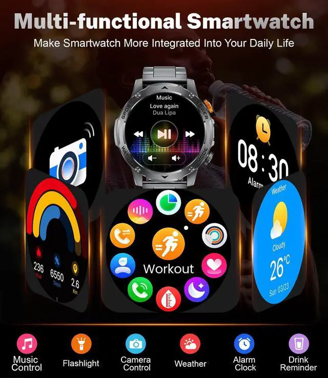 Alt view image 6 of 7 - Smart Watch for Men with 1000mAh Battery/Flashlight, 1.75'' Military Smartwatch with 5ATM Waterproof/Heart Rate/Sleep Monitor,Answer Make Calls Fitness Tracker for Android iPhone Black