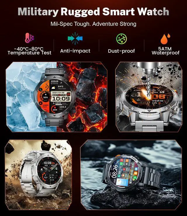 Alt view image 4 of 7 - Smart Watch for Men with 1000mAh Battery/Flashlight, 1.75'' Military Smartwatch with 5ATM Waterproof/Heart Rate/Sleep Monitor,Answer Make Calls Fitness Tracker for Android iPhone Black