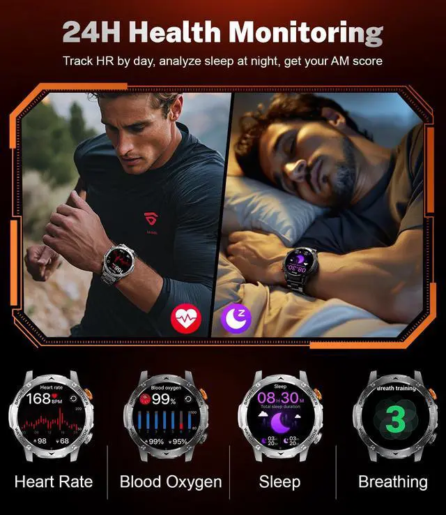 Alt view image 7 of 7 - Smart Watch for Men with 1000mAh Battery/Flashlight, 1.75'' Military Smartwatch with 5ATM Waterproof/Heart Rate/Sleep Monitor,Answer Make Calls Fitness Tracker for Android iPhone Black