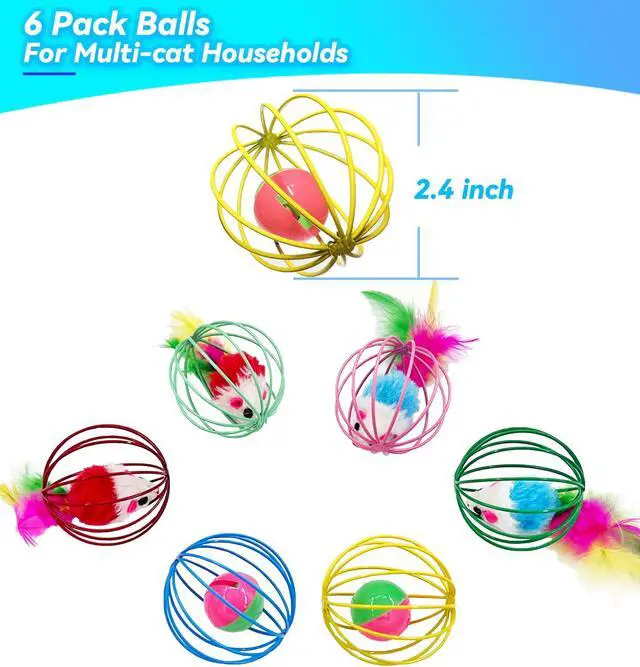 Alt view image 2 of 7 - Cat Toys 6 Packs Cat Ball Toys for Indoor Cats and Kittens, Metal Cage Balls with Mice & Bells, Interactive Cat Toys Bell Balls, Mouse Toys, Kitten Toys Promote Physical Exercise