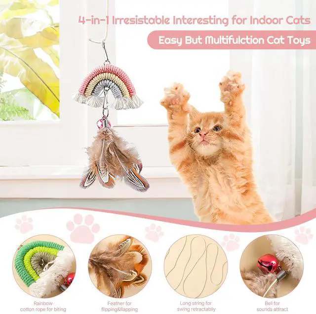 Alt view image 2 of 6 - Cat Feather Toys 2pack,Retractable Cat Teaser Toys, Self-Adhesive Hanging Interactive Cat Toy for Indoor Cats Kitten Play Chase Exercise Doorway, Gift for Cats Hunting Chasing to Keep Busy