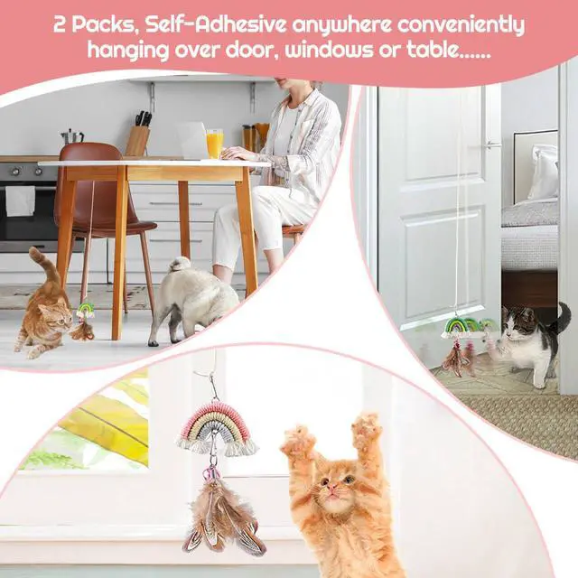 Alt view image 6 of 6 - Cat Feather Toys 2pack,Retractable Cat Teaser Toys, Self-Adhesive Hanging Interactive Cat Toy for Indoor Cats Kitten Play Chase Exercise Doorway, Gift for Cats Hunting Chasing to Keep Busy