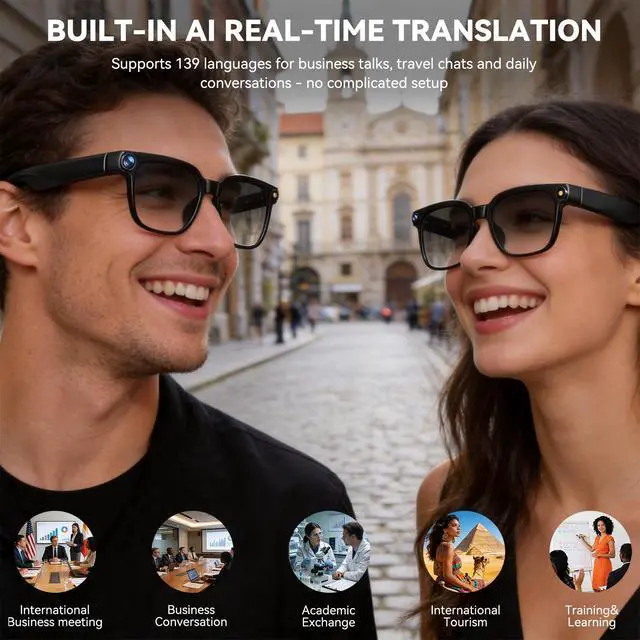 Alt view image 6 of 7 - AI Smart Glasses with Camera,8MP Camera Glasses,1080P Anti-Shake Video Recording Glasses, Real Time Translation,AI Voice Assistant,Object Recognition,Bluetooth Sunglasses for Men Women (Photochromic)