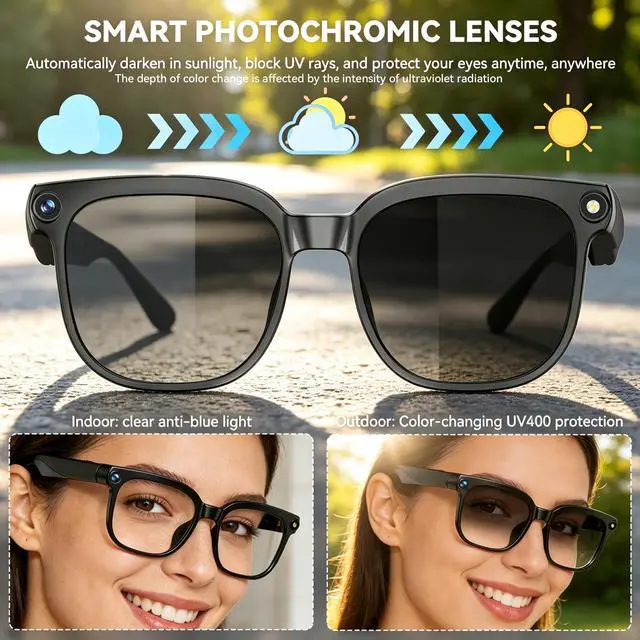 Alt view image 5 of 7 - AI Smart Glasses with Camera,8MP Camera Glasses,1080P Anti-Shake Video Recording Glasses, Real Time Translation,AI Voice Assistant,Object Recognition,Bluetooth Sunglasses for Men Women (Photochromic)