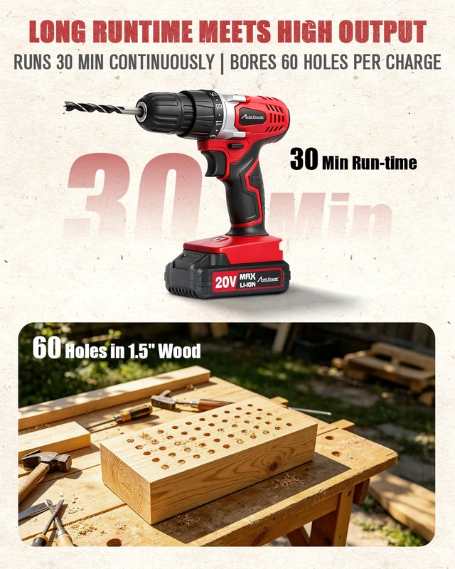 Alt view image 2 of 7 - 20V Cordless Drill Set for Home DIY & Beginner Projects - Lightweight Power Drill with Battery Charger & 22 Bits, Variable Speed, 3/8" Keyless Chuck, Ideal for Furniture Assembly (Red)