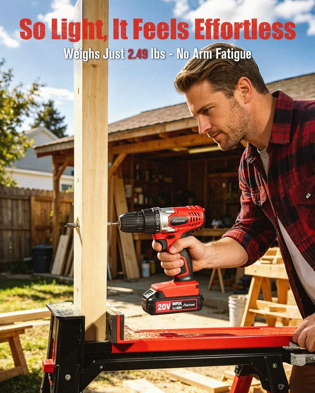 Alt view image 5 of 7 - 20V Cordless Drill Set for Home DIY & Beginner Projects - Lightweight Power Drill with Battery Charger & 22 Bits, Variable Speed, 3/8" Keyless Chuck, Ideal for Furniture Assembly (Red)