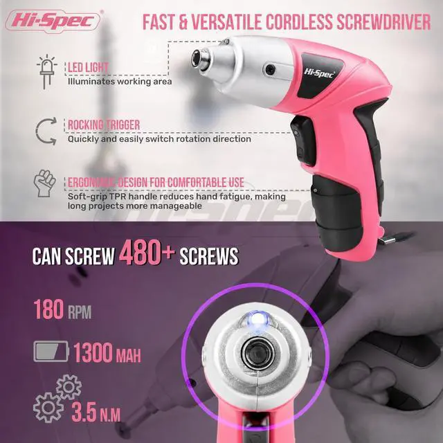 Alt view image 3 of 7 - 3.6V Cordless Electric Screwdriver and Tool Kit for DIY, Pink