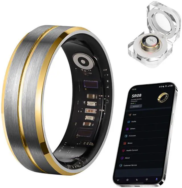 Main image of Smart Ring for Women Men, Tungsten Steel Fitness Tracker Ring with Sleep Monitoring, Heart Rate, Step Counting, IP68 Waterproof for iPhone and Android, No Subscription Fee (Black-Gold,#8)