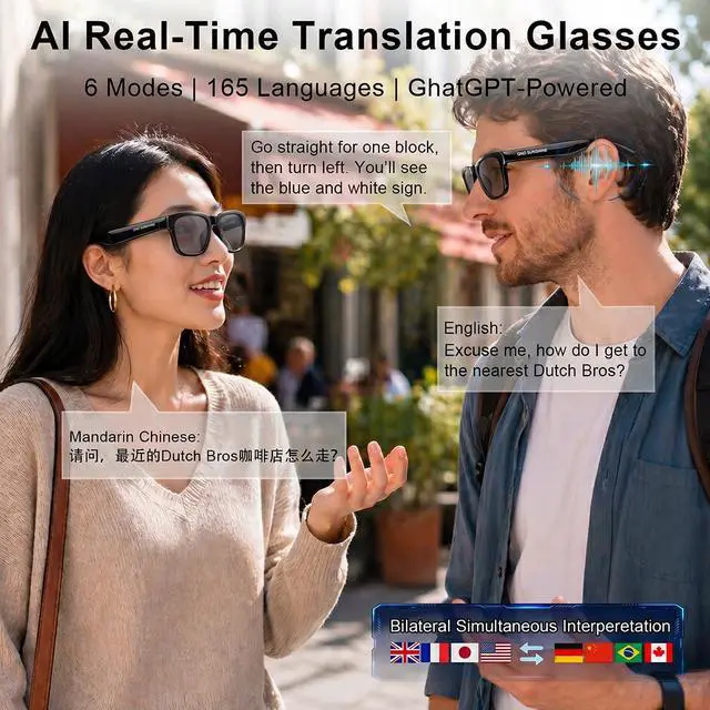 Alt view image 2 of 7 - AI Glasses, Bluetooth Audio Sunglasses with 10H Playtime, ChatGPT Translation & Water Resistant Open Ear Glasses