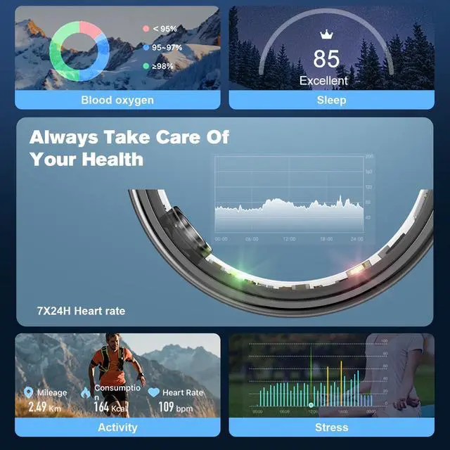 Alt view image 2 of 7 - Smart Ring Health Tracker for Men/Women,Fitness Ring Sleep Tracker,Fast Charging for Long-Lasting Use,for Pedometer Exercise,Monitor Sleep, Heart Rate, Stress,Waterproof (Black, 10)
