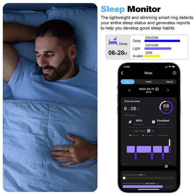 Alt view image 4 of 7 - Smart Ring Health Tracker for Men/Women,Fitness Ring Sleep Tracker,Fast Charging for Long-Lasting Use,for Pedometer Exercise,Monitor Sleep, Heart Rate, Stress,Waterproof (Black, 10)