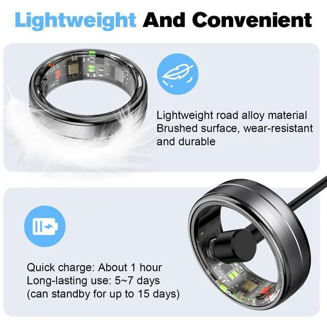 Alt view image 6 of 7 - Smart Ring Health Tracker for Men/Women,Fitness Ring Sleep Tracker,Fast Charging for Long-Lasting Use,for Pedometer Exercise,Monitor Sleep, Heart Rate, Stress,Waterproof (Black, 10)