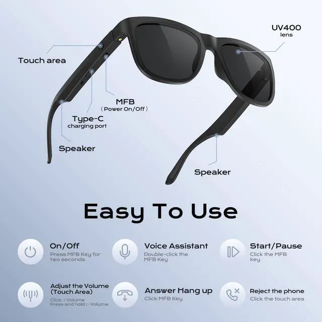 Alt view image 5 of 7 - Bluetooth Glasses for Women & Men, Smart Audio Sunglasses for Men with Built-in Speakers, UV400 Protection, Wireless Music & Calls, Lightweight Frame, Touch Control Compatible with iOS/Android