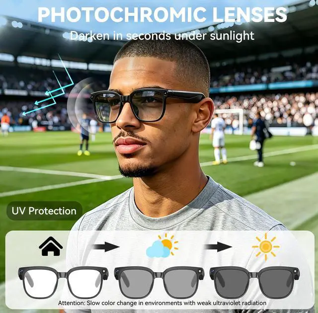 Alt view image 3 of 7 - AI Smart Glasses with Camera, 8MP HD Camera Glasses for Men, AI Recording Glasses with Voice Assistant,Open-Ear Audio,Real-Time Translation,Video Recording Sunglasses for Life & Work (Photochromic)