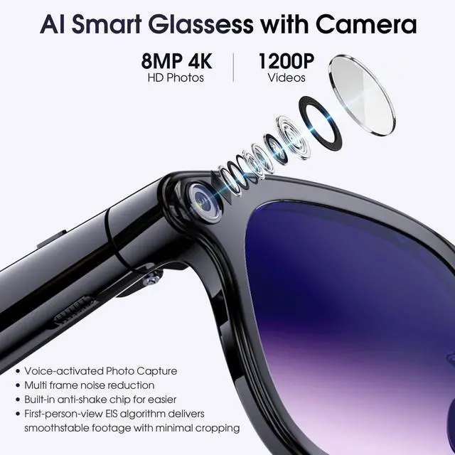 Alt view image 7 of 7 - AI Smart Glasses with Camera, 4K Video Recording Camera Glasses for Travel