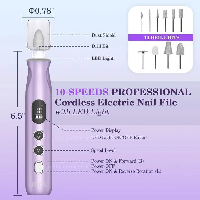 Alt view image 5 of 7 - Electric Nail Drills, 10 Speeds Cordless Nail File with LED Light