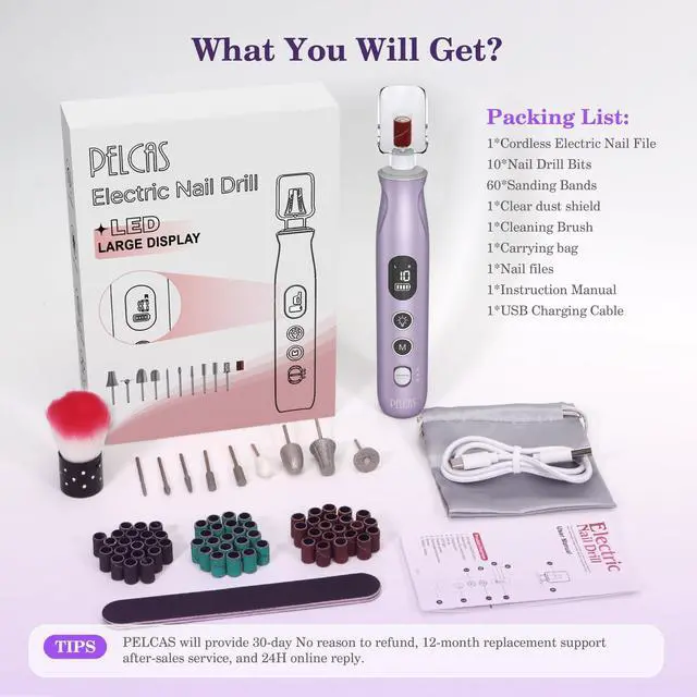 Alt view image 7 of 7 - Electric Nail Drills, 10 Speeds Cordless Nail File with LED Light