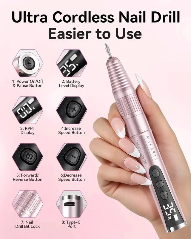 Alt view image 2 of 7 - Cordless Nail Drill for Beginners: 35000RPM Portable E-File, Pink