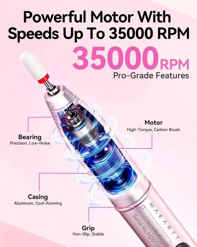 Alt view image 3 of 7 - Cordless Nail Drill for Beginners: 35000RPM Portable E-File, Pink