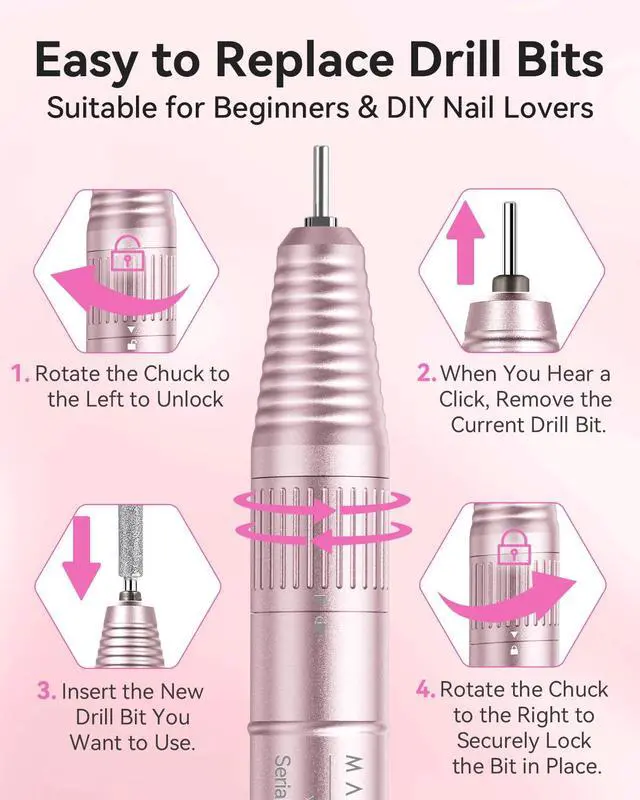 Alt view image 5 of 7 - Cordless Nail Drill for Beginners: 35000RPM Portable E-File, Pink