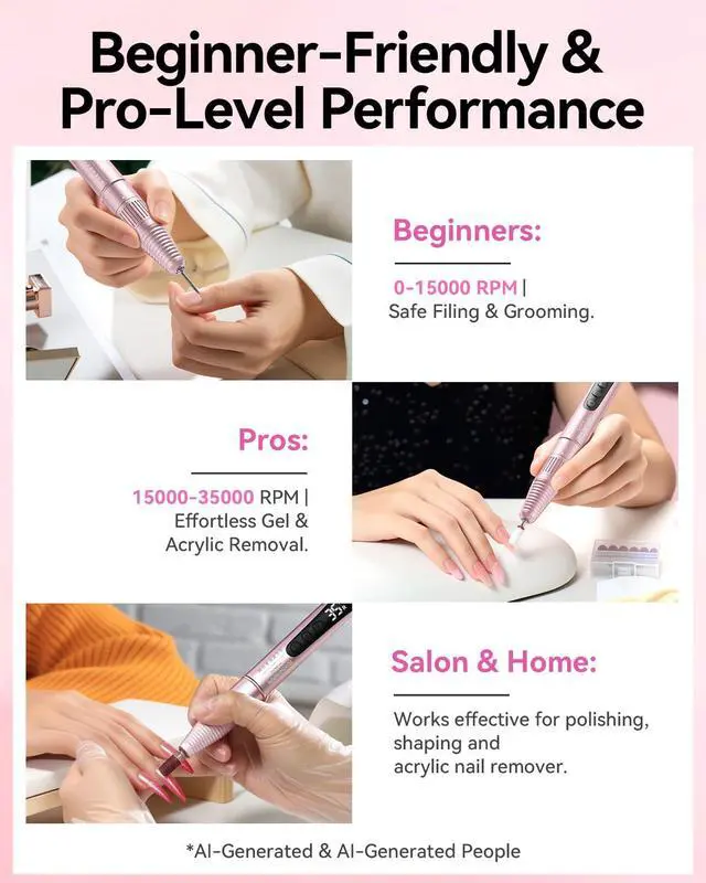 Alt view image 6 of 7 - Cordless Nail Drill for Beginners: 35000RPM Portable E-File, Pink