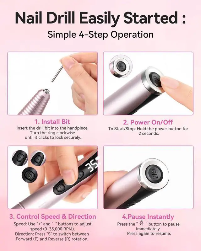 Alt view image 7 of 7 - Cordless Nail Drill for Beginners: 35000RPM Portable E-File, Pink