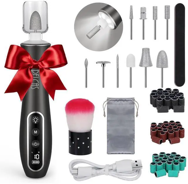 Main image of Electric Nail Drills, Professional Cordless Nail File Kit with Light, 10 Speeds Manicure & Pedicure Kit for Human, Pet, Thick Toenails, Natural & Acrylic Nails Grey