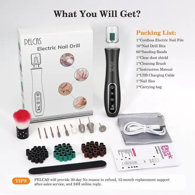 Alt view image 7 of 7 - Electric Nail Drills, Professional Cordless Nail File Kit with Light, 10 Speeds Manicure & Pedicure Kit for Human, Pet, Thick Toenails, Natural & Acrylic Nails Grey