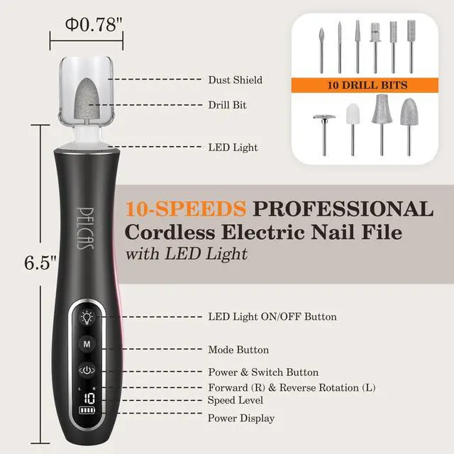 Alt view image 6 of 7 - Electric Nail Drills, Professional Cordless Nail File Kit with Light, 10 Speeds Manicure & Pedicure Kit for Human, Pet, Thick Toenails, Natural & Acrylic Nails Grey