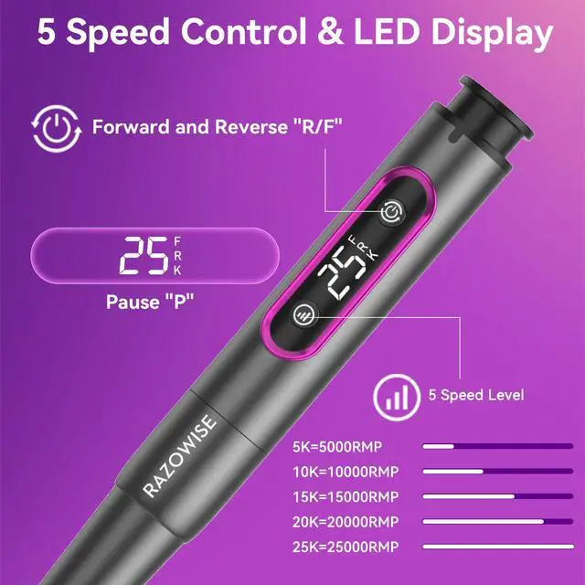 Alt view image 3 of 7 - Electric Nail Drill: Professional for Acrylic Gel Powder Nails Portable Nail Drill for Manicure Pedicure Nail Efile 5 Speeds 12 in 1 with LED Display Rechargeable, Grey