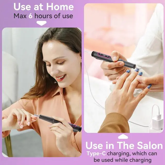 Alt view image 5 of 7 - Electric Nail Drill: Professional for Acrylic Gel Powder Nails Portable Nail Drill for Manicure Pedicure Nail Efile 5 Speeds 12 in 1 with LED Display Rechargeable, Grey