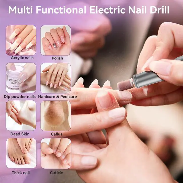 Alt view image 7 of 7 - Electric Nail Drill: Professional for Acrylic Gel Powder Nails Portable Nail Drill for Manicure Pedicure Nail Efile 5 Speeds 12 in 1 with LED Display Rechargeable, Grey