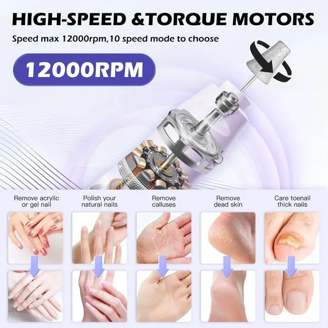 Alt view image 2 of 7 - Professional Manicure Pedicure Kit Electric Nail Grinder,10 Speeds Cordless Nail Drill with LED Light, Nail File with LED Display,Wider Grinder for Toenail Hand Feet Care for Women Men