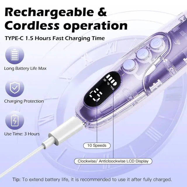 Alt view image 3 of 7 - Professional Manicure Pedicure Kit Electric Nail Grinder,10 Speeds Cordless Nail Drill with LED Light, Nail File with LED Display,Wider Grinder for Toenail Hand Feet Care for Women Men