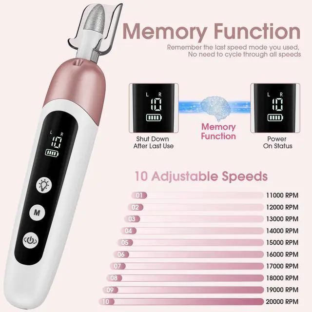 Alt view image 5 of 7 - Cordless Electric Nail File Set, Professional Manicure Pedicure Kit with Memory Modes, 10 Speed Portable Nail Drill Machine, Pedicure Tools for feet, Hand Foot Care Tool for Thick Nail Toenail Cuticle
