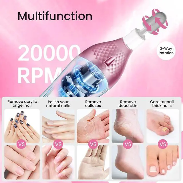 Alt view image 5 of 6 - 36-Piece Professional Manicure Pedicure Kit-Cordless Electric Nail File Kit,20000RPM, 11Pcs Bits,4 Speed,Rechargeable Pedicure Tool for Feet,Hand Foot Care Nail Drill Tool for Nail Grind Trim Polish