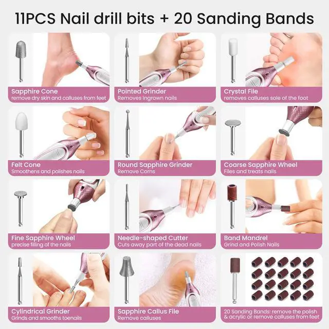 Alt view image 4 of 6 - 36-Piece Professional Manicure Pedicure Kit-Cordless Electric Nail File Kit,20000RPM, 11Pcs Bits,4 Speed,Rechargeable Pedicure Tool for Feet,Hand Foot Care Nail Drill Tool for Nail Grind Trim Polish