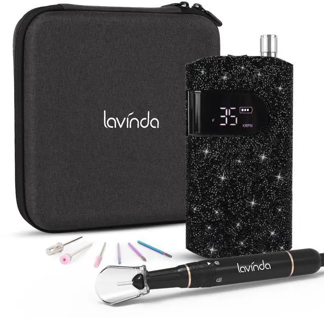 Main image of Professional Electric Nail Drill Kit, 35000RPM Cordless Portable Machine for Acrylic Gel Nails, Rechargeable E File With Black Rhinestones, Manicure Tools (Black)