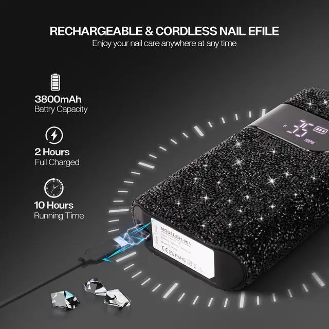 Alt view image 3 of 7 - Professional Electric Nail Drill Kit, 35000RPM Cordless Portable Machine for Acrylic Gel Nails, Rechargeable E File With Black Rhinestones, Manicure Tools (Black)