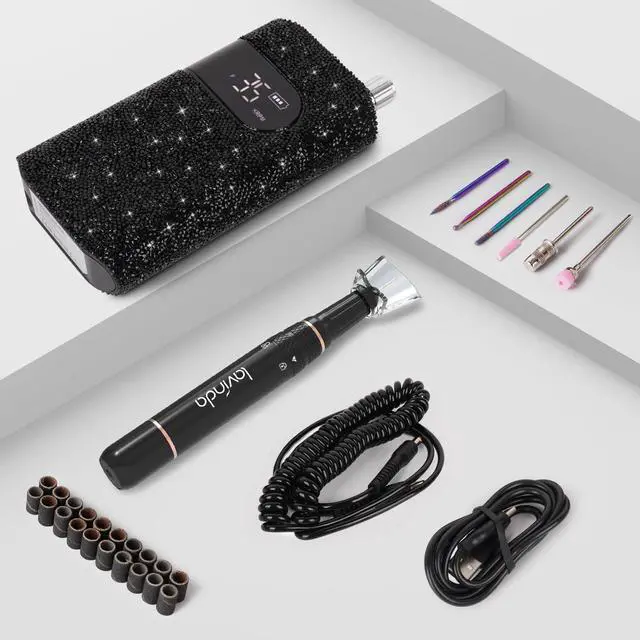 Alt view image 7 of 7 - Professional Electric Nail Drill Kit, 35000RPM Cordless Portable Machine for Acrylic Gel Nails, Rechargeable E File With Black Rhinestones, Manicure Tools (Black)