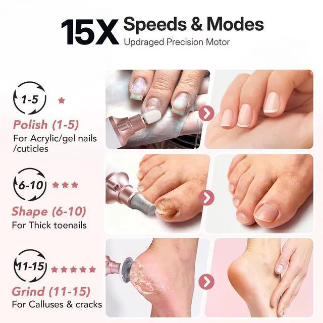 Alt view image 3 of 7 - Thick Toenail Grinder, 15X Professional Electric Nail Drill File Set, Cordless Pedicure Manicure Tool Callus Remover for Women Men Senior Hand Feet Care, Home Salon Use ( White )