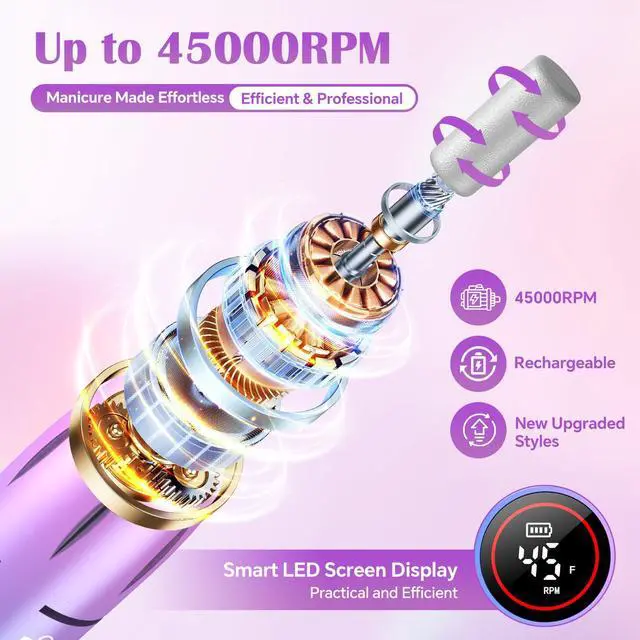 Alt view image 2 of 7 - Nail Drill Professional, 45000 RPM Rechargeable Electric Nail File Kit for Acrylic & Gel Nails, Portable Manicure Pedicure Tool for DIY Home or Salon, with 11 Nail Drill Bits & Sanding Band Set