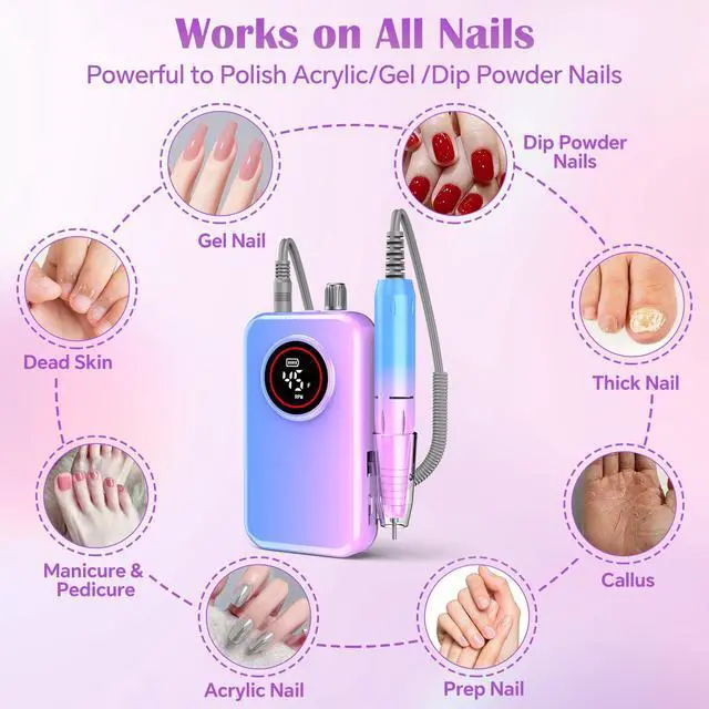 Alt view image 6 of 7 - Nail Drill Professional, 45000 RPM Rechargeable Electric Nail File Kit for Acrylic & Gel Nails, Portable Manicure Pedicure Tool for DIY Home or Salon, with 11 Nail Drill Bits & Sanding Band Set