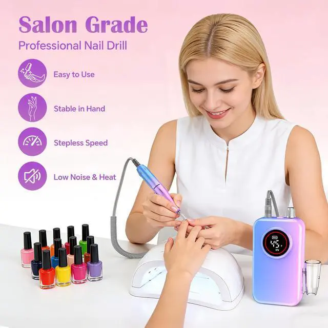 Alt view image 3 of 7 - Nail Drill Professional, 45000 RPM Rechargeable Electric Nail File Kit for Acrylic & Gel Nails, Portable Manicure Pedicure Tool for DIY Home or Salon, with 11 Nail Drill Bits & Sanding Band Set