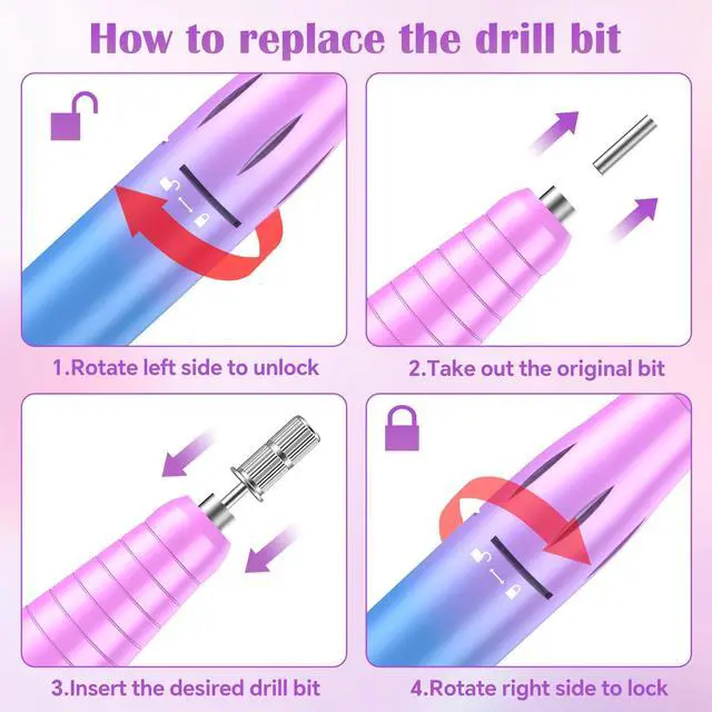 Alt view image 4 of 7 - Nail Drill Professional, 45000 RPM Rechargeable Electric Nail File Kit for Acrylic & Gel Nails, Portable Manicure Pedicure Tool for DIY Home or Salon, with 11 Nail Drill Bits & Sanding Band Set