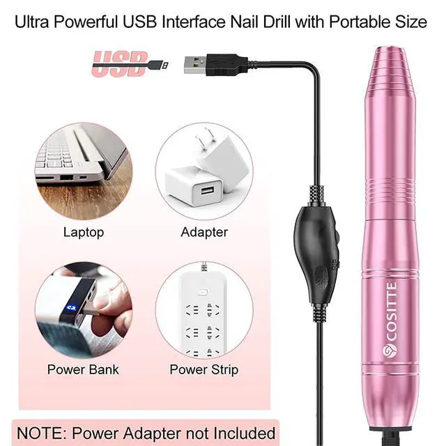 Alt view image 2 of 5 - Electric Nail Drill,USB Electric Nail Drill Machine for Acrylic Nail Kit,Portable Electric Nail File Polishing Tool Manicure Pedicure Kit Efile Nail Supplies for Home Salon,Pink