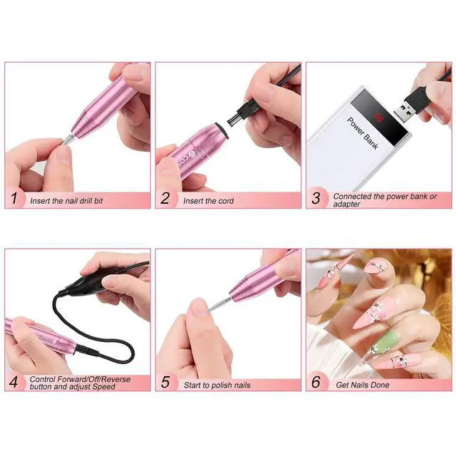 Alt view image 4 of 5 - Electric Nail Drill,USB Electric Nail Drill Machine for Acrylic Nail Kit,Portable Electric Nail File Polishing Tool Manicure Pedicure Kit Efile Nail Supplies for Home Salon,Pink