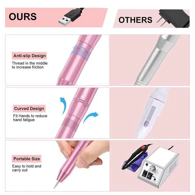 Alt view image 3 of 5 - Electric Nail Drill,USB Electric Nail Drill Machine for Acrylic Nail Kit,Portable Electric Nail File Polishing Tool Manicure Pedicure Kit Efile Nail Supplies for Home Salon,Pink
