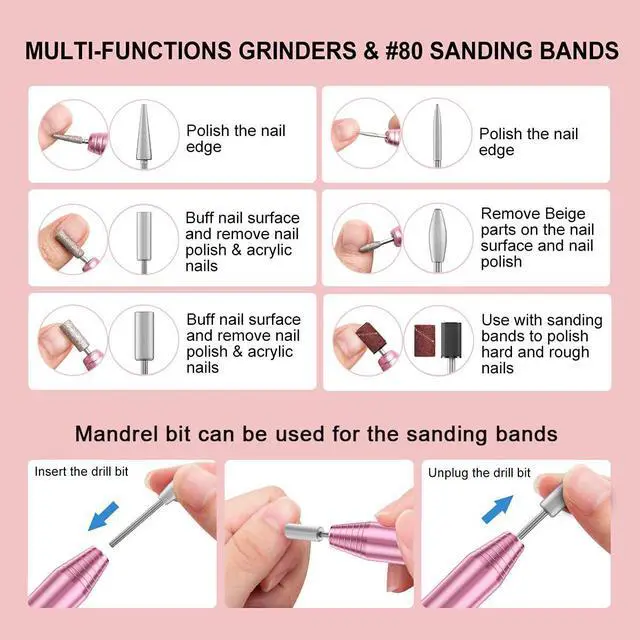Alt view image 5 of 5 - Electric Nail Drill,USB Electric Nail Drill Machine for Acrylic Nail Kit,Portable Electric Nail File Polishing Tool Manicure Pedicure Kit Efile Nail Supplies for Home Salon,Pink