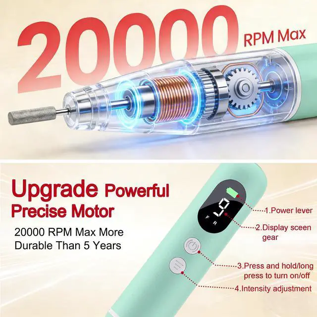 Alt view image 3 of 6 - Salon-Grade Electric Nail Drill Professional Cordless Nail File with LED Display, 6 Specialized Bits & 26 Accessories for Gel/Acrylic Nails & Thick Toenails (Cyan)